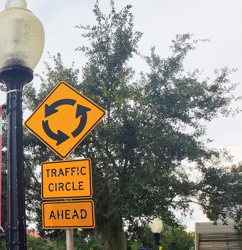 Traffic circle ahead.
