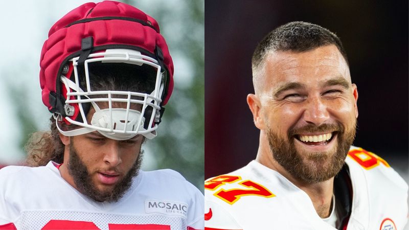 Boca Raton's Ashton Gillotte (left) is drawing praise from Kansas City Chiefs tight end Travis Kelce (right) in the weeks ahead of the 2025 NFL regular season.