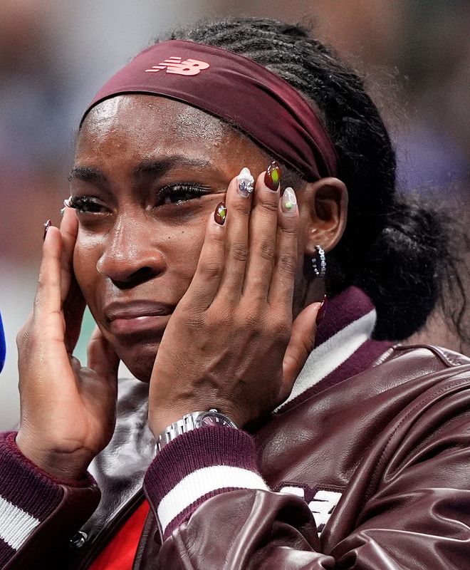 Coco Gauff cries after beating Donna Vekic (not pictured) on day five of the 2025 U.S. Open tennis tournament Aug. 28, 2025, at the USTA Billie Jean King National Tennis Center in Flushing, New York. Mandatory Credit: Robert Deutsch-Imagn Images
