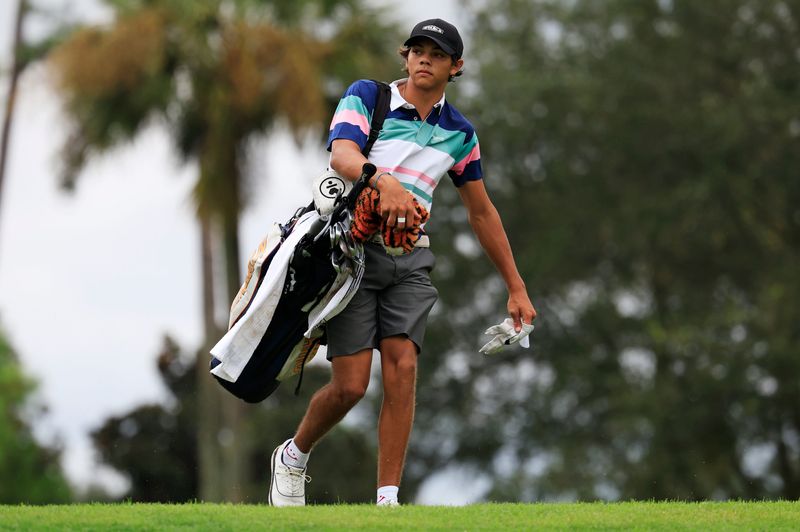 Charlie Woods of Jupiter, Fla. comes off the second hole during the first round of The Junior Players Championship golf tournament at TPC Sawgrass, Friday, Aug. 29, 2025, in Ponte Vedra Beach, Fla.