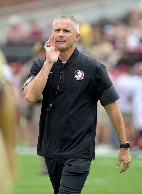 Florida State Seminoles head coach Mike Norvell during warmups before the game Aug. 30, 2025, between the Florida State Seminoles and the Alabama Crimson Tide at Doak S. Campbell Stadium in Tallahassee, Florida. Mandatory Credit: Melina Myers-Imagn Images