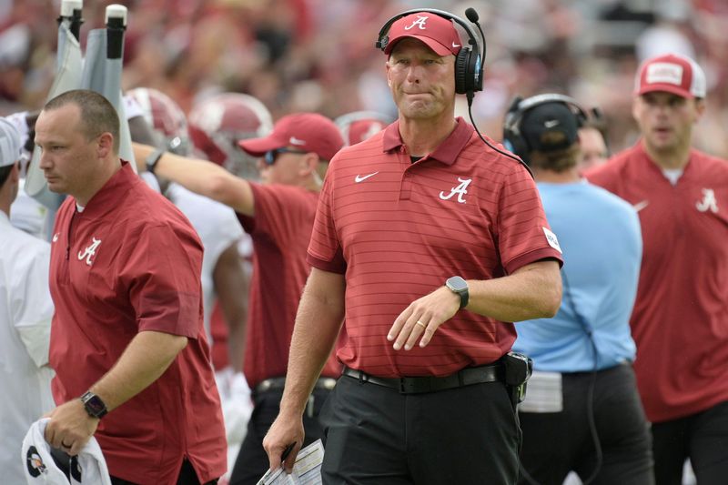 Alabama Crimson Tide head coach Kalen DeBoer looks on against the Florida State Seminoles