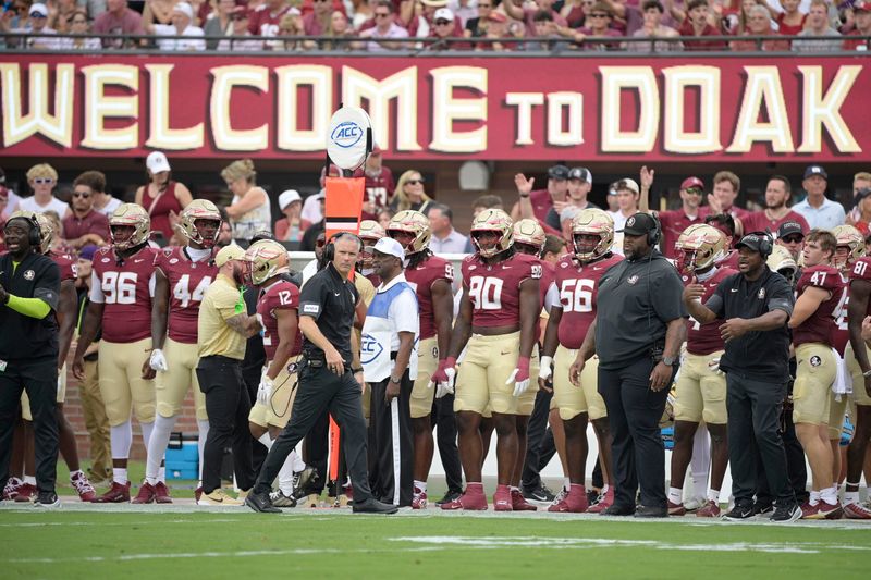 Aug 30, 2025; Tallahassee, Florida, USA; Florida State Seminoles head coach Mike Norvell looks on against the Alabama Crimson Tide during the first half at Doak S. Campbell Stadium. Mandatory Credit: Melina Myers-Imagn Images