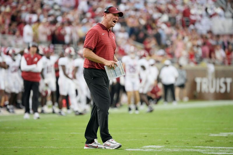 Aug 30, 2025; Tallahassee, Florida, USA; Alabama Crimson Tide head coach Kalen DeBoer reacts after a play against the Florida State Seminoles during the second half at Doak S. Campbell Stadium. Mandatory Credit: Melina Myers-Imagn Images