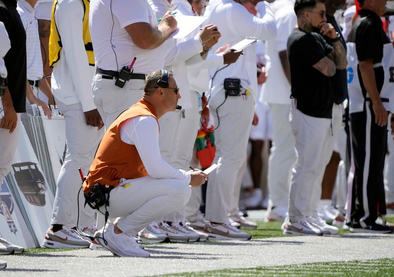 Texas Longhorns head coach Steve Sarkisian watches his team against Ohio State Buckeyes in the first quarter of their game at Ohio Stadium in Columbus, Ohio on Aug 30, 2025.