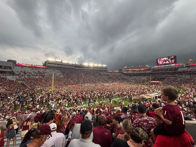 Florida State University football fans stormed Doak Campbell Stadium field after FSU’s win over Alabama on Aug. 30, 2025.