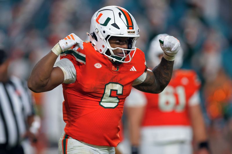 Miami Hurricanes running back CharMar Brown (6) reacts after scoring a touchdown Aug. 31, 2025, against the Notre Dame Fighting Irish during the third quarter at Hard Rock Stadium in Miami Gardens, Florida. Mandatory Credit: Sam Navarro-Imagn Images