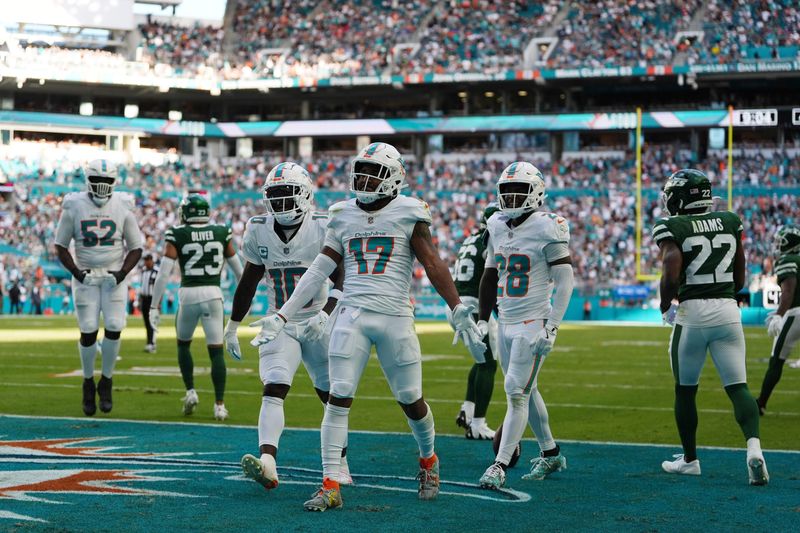 Dec 8, 2024; Miami Gardens, Florida, USA; Miami Dolphins wide receiver Jaylen Waddle (17) celebrates after making a catch for the two point conversion during the second half against the New York Jets at Hard Rock Stadium. Mandatory Credit: Jasen Vinlove-Imagn Images