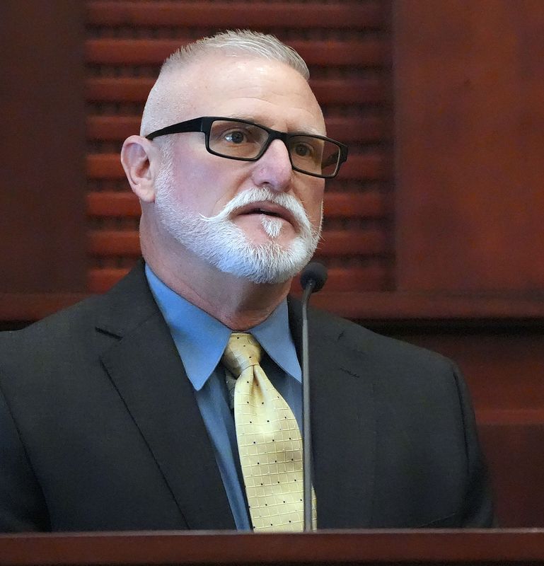 Flagler County Sheriff's Deputy Bryan Jackson, shown here testifying during his son Jayden Jackson's sentencing in a fatal hit and run, June 6, 2025, is being investigated, along with his daughter, Kailen, also a deputy, after a stray bullet hit an 11-year-old boy in his home. The two law enforcement officers were target shooting on Jackson's property in the Mondex.