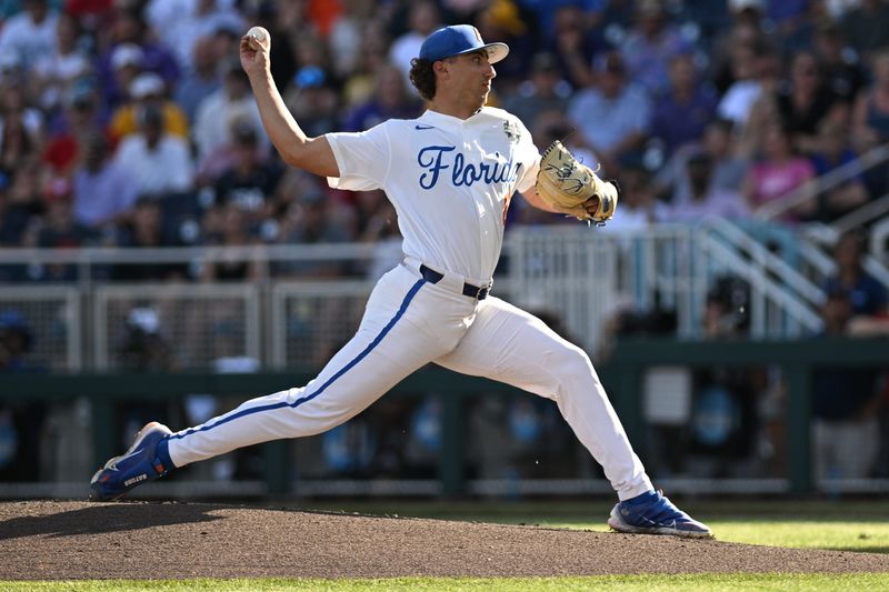Jun 24, 2023; Omaha, NE, USA; Florida Gators pitcher Brandon Sproat (8) throws against the LSU Tigers in the first inning at Charles Schwab Field Omaha. Mandatory Credit: Steven Branscombe-USA TODAY Sports
