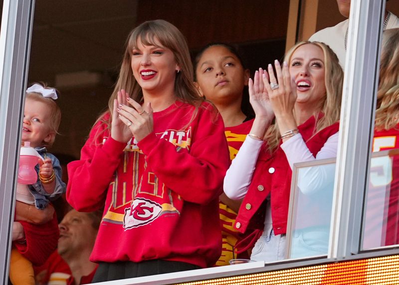 Taylor Swift attends her fourth NFL game in support of boyfriend Travis Kelce, along with Brittany Mahomes as the Kansas City Chiefs play the Los Angeles Chargers at GEHA Field at Arrowhead Stadium on Oct. 22, 2023.