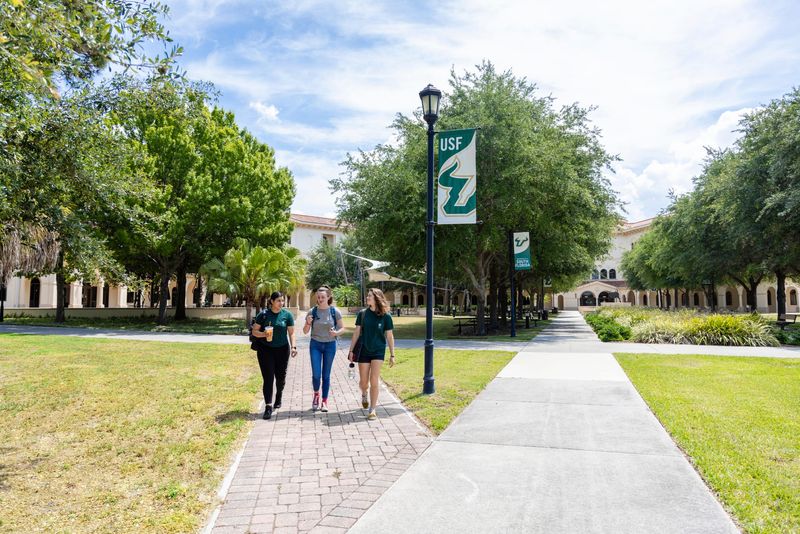 Students walking on the University of South Florida's Sarasota-Manatee campus in Sarasota.