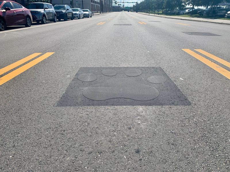 The black boxes on Bay Street in Jacksonville, Fl. on Sept. 5, 2025 show where the state Department of Transporation painted over a trail of yellow Jaguar paw prints that had been a feature of Bay Street since the Jaguars played their first season in 1995.
