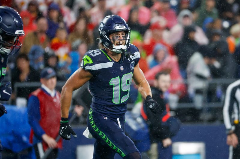 Aug 15, 2025; Seattle, Washington, USA; Seattle Seahawks wide receiver Jake Bobo (19) celebrates following his second touchdown catch against the Kansas City Chiefs during the second quarter at Lumen Field. Mandatory Credit: Joe Nicholson-Imagn Images