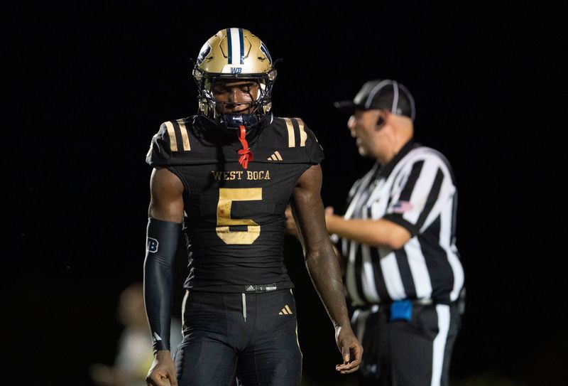 West Boca Raton's Jaydin Broadnax walks off the field with the defense against Bergen Catholic
during the Adidas Football Classic in Boca Raton, Florida, on September 5, 2025.