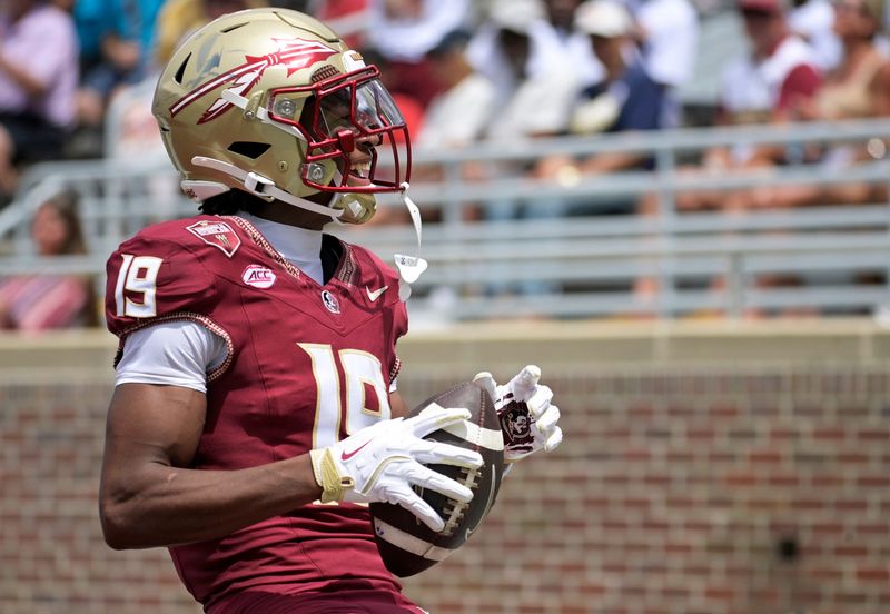 Florida State Seminoles wide receiver Micahi Danzy (19) reacts as he scores a touchdown during the second half Sept. 6, 2025, against the East Texas A&M Lions at Doak S. Campbell Stadium in Tallahassee, Florida. Mandatory Credit: Melina Myers-Imagn Images
