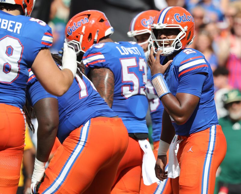 Sep 6, 2025; Gainesville, Florida, USA;Florida Gators quarterback DJ Lagway (2) calls a play against the South Florida Bulls during the first quarter at Ben Hill Griffin Stadium. Mandatory Credit: Kim Klement Neitzel-Imagn Images