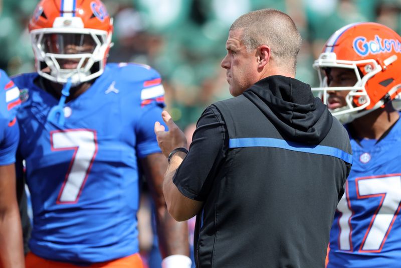 Sep 6, 2025; Gainesville, Florida, USA; Florida Gators head coach Billy Napier against the South Florida Bulls prior to the game at Ben Hill Griffin Stadium. Mandatory Credit: Kim Klement Neitzel-Imagn Images