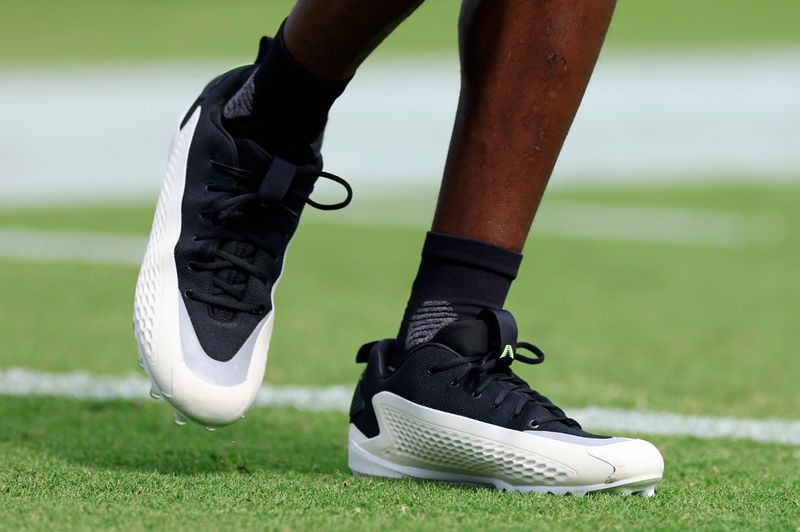 Jacksonville Jaguars wide receiver Travis Hunter (12) is seen with his new Adidas cleats before an NFL football matchup at EverBank Stadium, Sunday, Sept. 7, 2025 in Jacksonville, Fla. [Corey Perrine/Florida Times-Union]