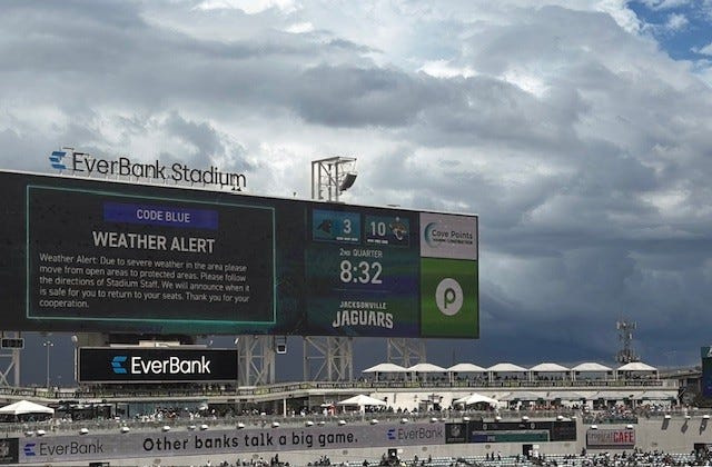The Jacksonville Jaguars game vs. the Carolina Panthers was interrupted in the second quarter on Sept. 7 by threatening weather