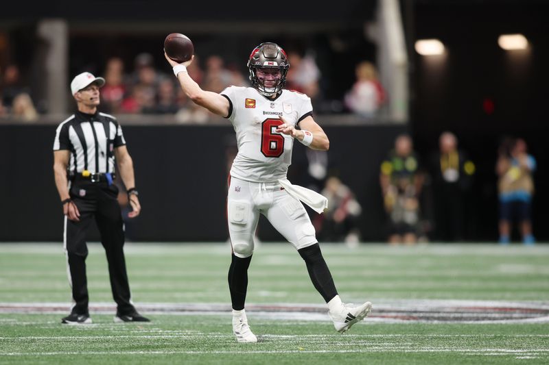 Sep 7, 2025; Atlanta, Georgia, USA; Tampa Bay Buccaneers quarterback Baker Mayfield (6) passes the ball against the Atlanta Falcons during the second quarter at Mercedes-Benz Stadium. Mandatory Credit: Brett Davis-Imagn Images