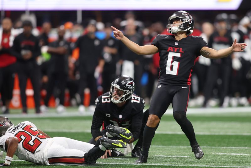 Sep 7, 2025; Atlanta, Georgia, USA; Atlanta Falcons place kicker Younghoe Koo (6) watches a kick against the Tampa Bay Buccaneers during the third quarter at Mercedes-Benz Stadium. Mandatory Credit: Brett Davis-Imagn Images