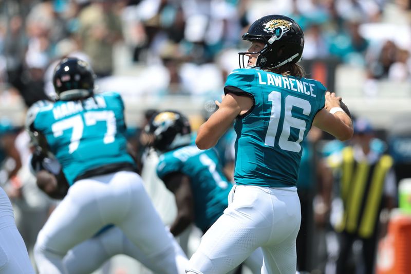 Sep 7, 2025; Jacksonville, Florida, USA; Jacksonville Jaguars quarterback Trevor Lawrence (16) looks to throw downfield against the Carolina Panthers during the first half at EverBank Stadium. Mandatory Credit: Morgan Tencza-Imagn Images
