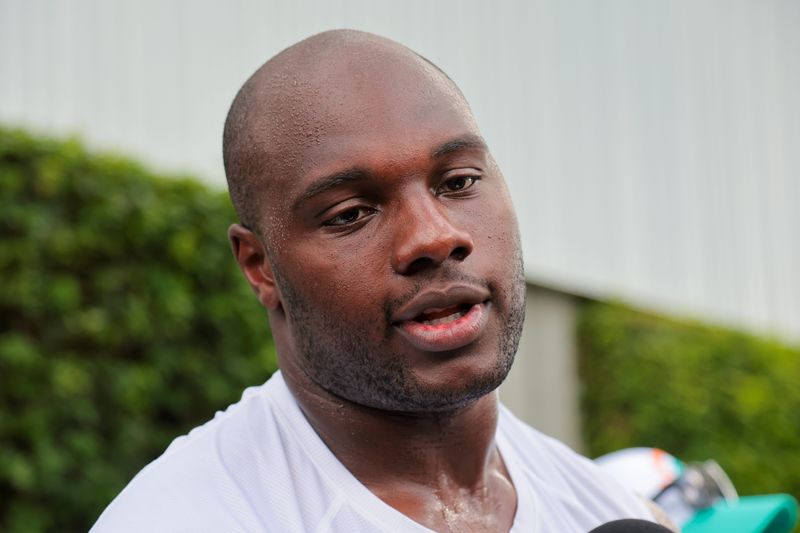 Jul 29, 2025; Miami Gardens, FL, USA; Miami Dolphins guard James Daniels (78) speaks to reporters during training camp at Baptist Health Training Complex. Mandatory Credit: Sam Navarro-Imagn Images