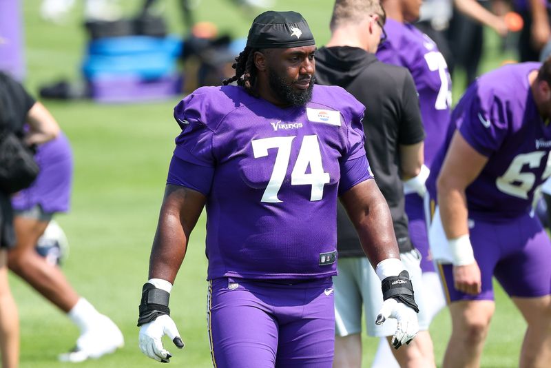 Jul 29, 2025; Eagan, MN, USA; Minnesota Vikings guard Donovan Jackson (74) takes part in drills during the teams training camp at the Minnesota Vikings Training Facility. Mandatory Credit: Matt Krohn-Imagn Images