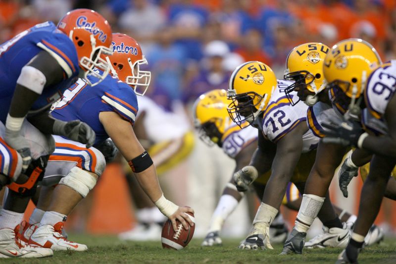 Oct 7, 2006; Gainesville, FL, USA; Florida Gators offense lines up against the LSU Tigers defense during the third quarter at Ben Hill Griffin Stadium in Gainesville, FL. Mandatory Credit: Jason Parkhurst- USA TODAY Sports Copyright © 2006 Jason Parkhurst