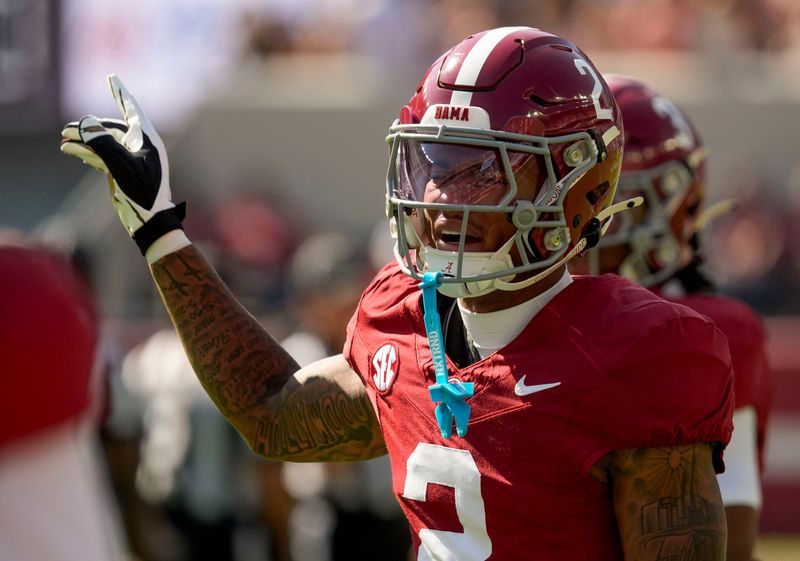 Sep 13, 2025; Tuscaloosa, Alabama, USA; Alabama wide receiver Ryan Williams (2) warms up at Saban Field at Bryant-Denny Stadium before the game with Wisconsin. Mandatory Credit: Gary Cosby Jr.-Imagn Images