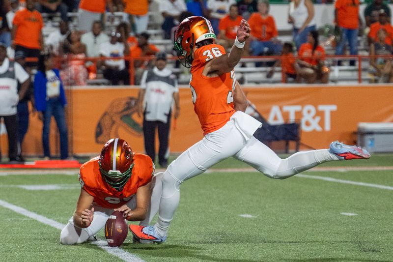 Florida A&M Rattlers kicker Daniel Porto (36) kicks for the extra point. The Florida A&M Rattlers defeated the Albany State Golden Rams during the first home game of the season on Saturday, Sept. 13, 2025.