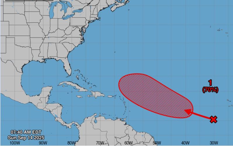 On Sunday, Sept. 14, 2025, the National Hurricane Center in Miami, Florida, was tracking a tropical wave over the eastern tropical Atlantic. It was producing a large area of disorganized showers and thunderstorms. A tropical depression is likely to form during the middle to latter part of this week as the system moves west-northwestward over the central tropical Atlantic.