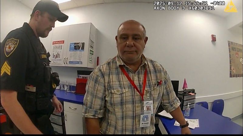 Armando Arends, 65, a teacher at Blue Lake Elementary, was arrested for saying he wanted to put bomb in a co-worker's car and blow her up in a thousand pieces, police said.