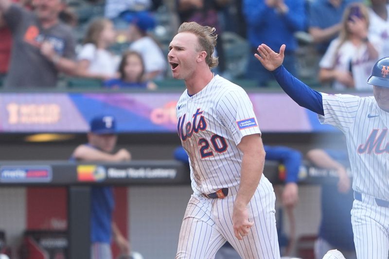 Sep 14, 2025; New York City, New York, USA; New York Mets first baseman Pete Alonso (20) reacts to hitting a walk off three run home run against the Texas Rangers during the tenth inning at Citi Field. Mandatory Credit: Gregory Fisher-Imagn Images