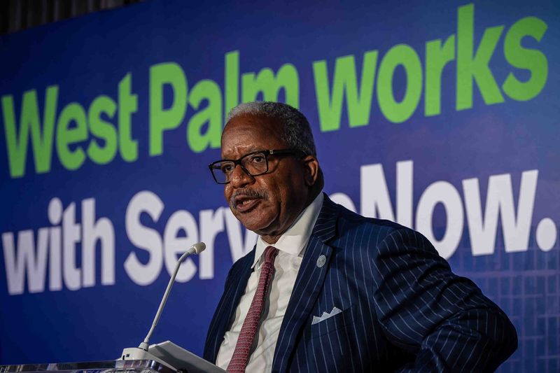 City of West Palm Beach Mayor Keith James speaks during an announcement that Silicon Valley-based artificial intelligence company ServiceNow will lease a significant portion of the new CityPlace office tower at an event at One Flagler office tower in West Palm Beach, Fla., on September 16, 2025.