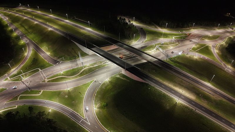 An aerial photo shows the completed First Coast Expressway and State Road 16 intersection that is part of the recently opened segment of First Coast Expressway.