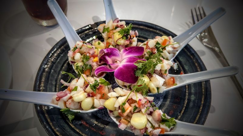 Ají Ceviche Bar in Casselberry's Chalaquita Mixta, which included squid, octopus, shrimp, chopped onions, tomatoes, choclo and cilantro marinated in lime juice and served in ceramic ramen spoons.