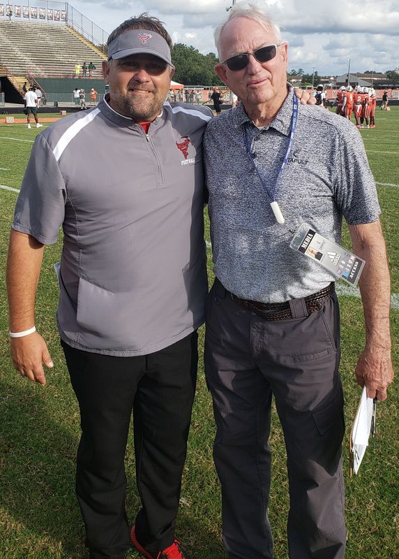 Dwight Thomas (right) with Bradford football coach Jamie Rodgers before Bradford played Mandarin in Jacksonville on Sept. 12, 2025. Thomas is being inducted into the FHSAA Hall of Fame on Sept. 21.