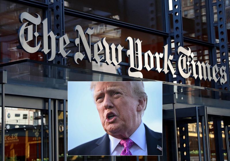 This image collage shows the New York Times building in Manhattan and President Donald Trump inset.