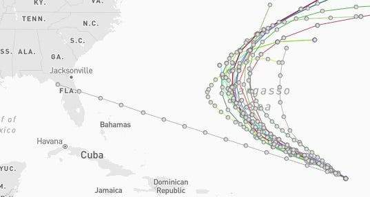 Spaghetti models for Tropical Storm Gabrielle 6 a.m. Sept 18, 2025.