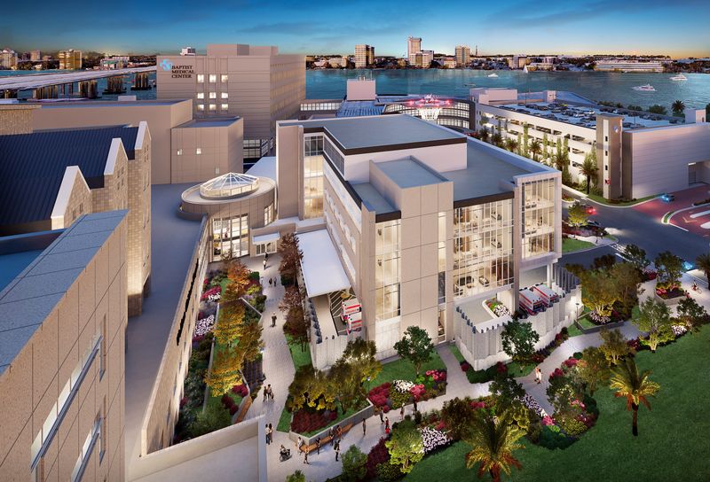 A rendering shows the four-story, 123,000-square-foot McGehee Family Tower under construction at Baptist Health's flagship campus, home to Baptist Medical Center Jacksonville and Wolfson Children’s Hospital, on Jacksonville's Southbank. The new medical tower is expected to be completed in 2029.