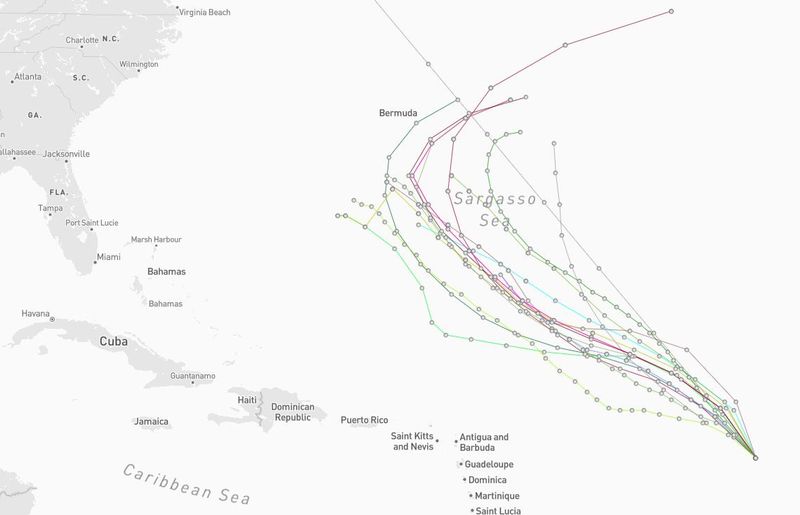 Spaghetti models for Tropical Storm Gabrielle as of 11 a.m., Sept. 18, 2025.