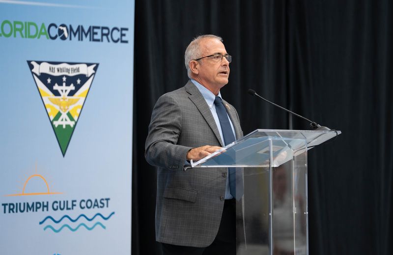 Santa Rosa County Commissioner Kerry Smith speaks during the ribbon cutting ceremony for the new Leonardo Helicopters Florida Support Center in Milton on Sept. 18, 2025.