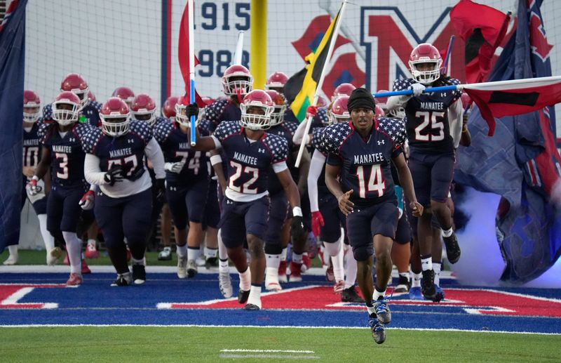 The Hurricanes take the field. The Manatee High School Hurricanes hosted the IMG Academy (White) Ascenders Friday night, Sept. 19, 2025.