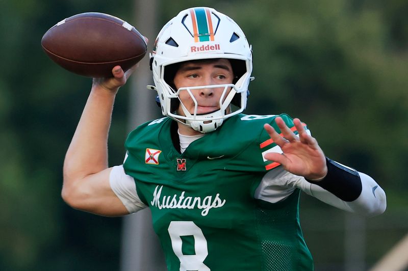Mandarin's Knox Annis (8) looks to pass during the first quarter of a high school football matchup at Mandarin High School, Friday, Sept. 19, 2025, in Jacksonville, Fla. The IMG Academy Ascenders defeated the Mandarin Mustangs 57-7.