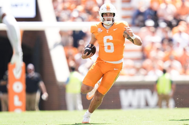 Tennessee quarterback Joey Aguilar (6) runs the ball during a college football game between Tennessee and UAB at Neyland Stadium in Knoxville, Tenn., on Sept. 20, 2025.