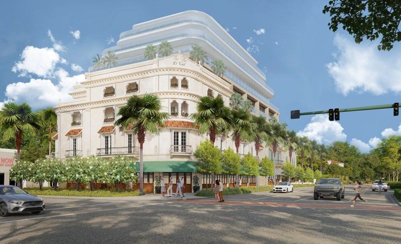 Rendering of proposed mixed-use development for 319 Belvedere Road in West Palm Beach. The image is a depiction of looking west from Belvedere Road and Dixie Highway. The lot currently houses a nearly 90-year-old plaza that includes the popular Kitchen restaurant.