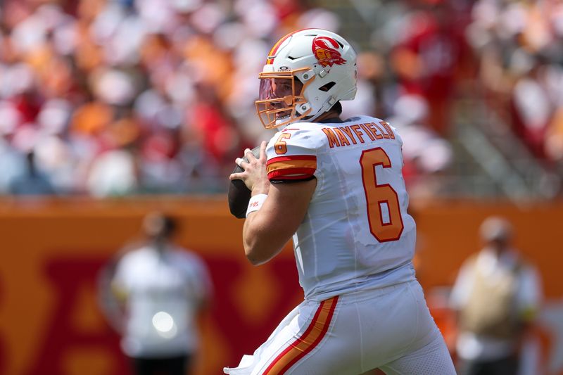 Sep 21, 2025; Tampa, Florida, USA; Tampa Bay Buccaneers quarterback Baker Mayfield (6) looks to pass against the New York Jets in the second quarter at Raymond James Stadium. Mandatory Credit: Nathan Ray Seebeck-Imagn Images