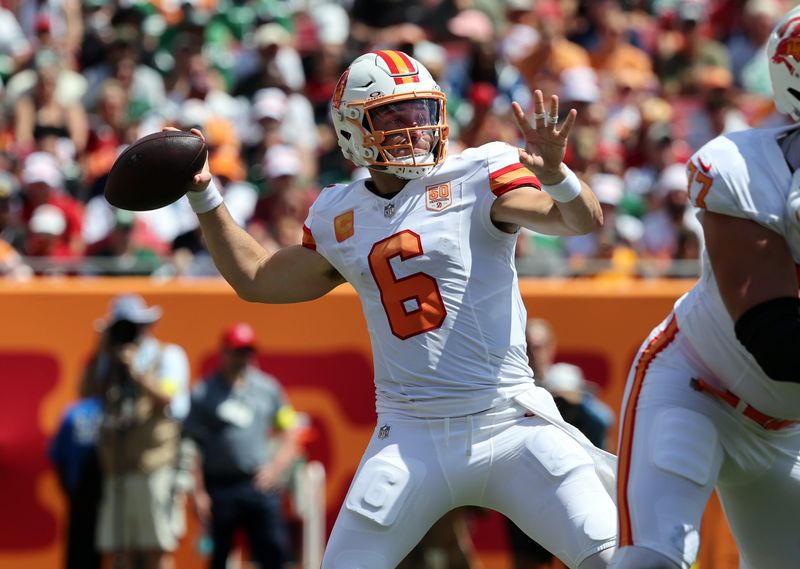 Sep 21, 2025; Tampa, Florida, USA; Tampa Bay Buccaneers quarterback Baker Mayfield (6) throws the ball during the second quarter against the New York Jets at Raymond James Stadium. Mandatory Credit: Kim Klement Neitzel-Imagn Images